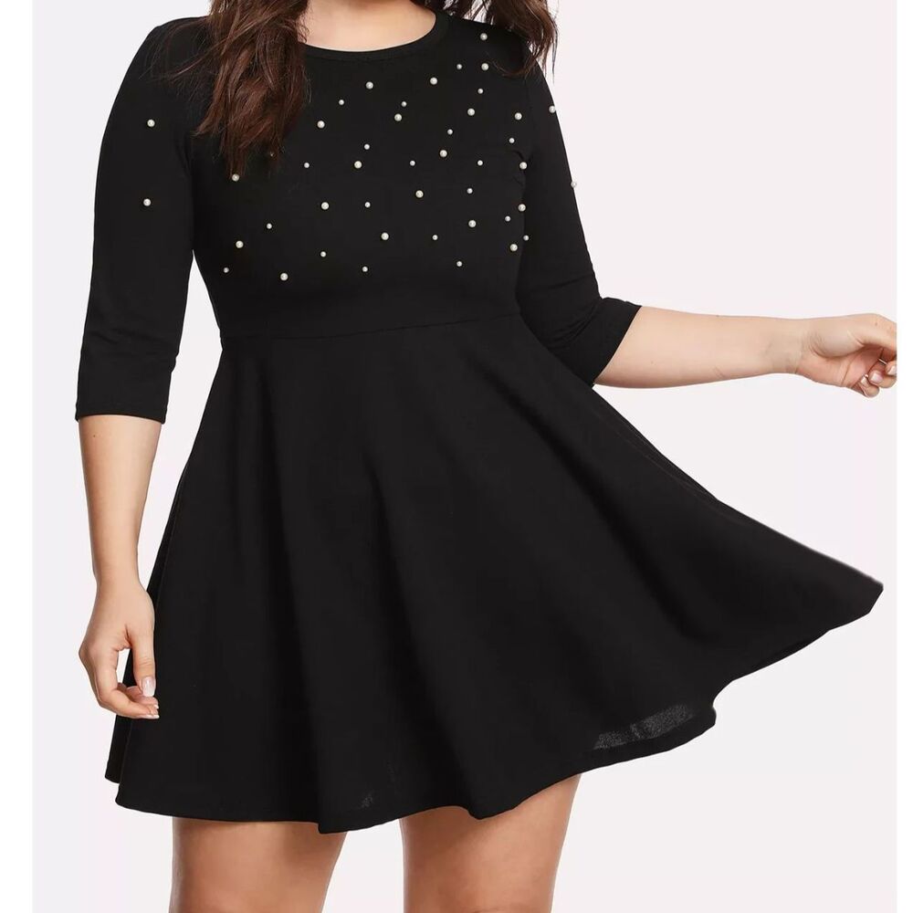 SHEIN Black Pearl Beaded Skater Dress Size XL 3/4 Sleeve Fit & Flare